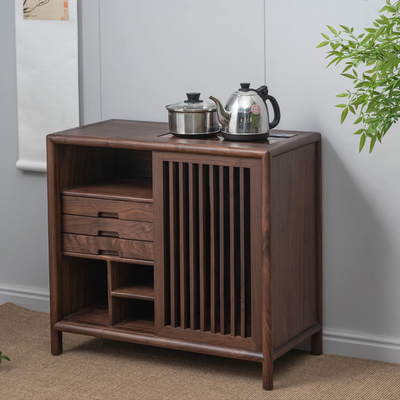 北美黑胡桃茶桌实木茶水柜移动茶边柜烧水柜